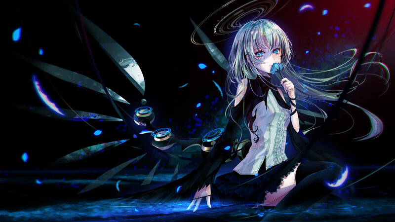 Anime Girl with Blue Hair — Dramatic, Night, Digital Art, Microphone, Wings
