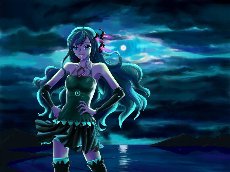 Anime Girl with Blue Hair — Dramatic, Night, Digital Art, Moon