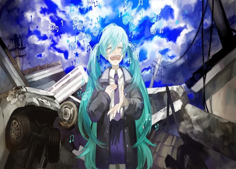 Anime Girl with Blue Hair — Dramatic, Night, Digital Art, Music Notes