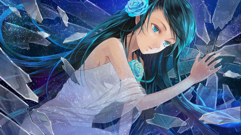 Anime Girl with Blue Hair — Dramatic, Night, Digital Art, Rose