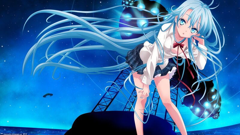 Anime Girl with Blue Hair — Dramatic, Night, Digital Art, School Uniform, Starry Sky