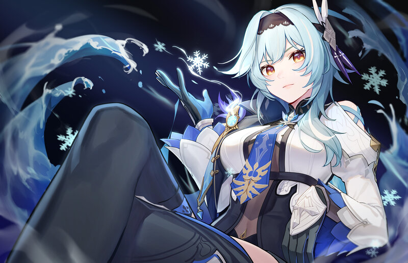 Anime Girl with Blue Hair — Dramatic, Night, Digital Art, Snowflakes, Magic