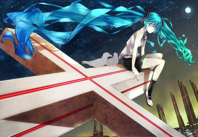 Anime Girl with Blue Hair — Dramatic, Night, Digital Art, Starry Sky