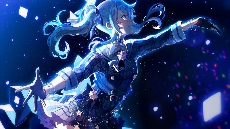 Anime Girl with Blue Hair — Dramatic, Night, Digital Art, Stars, Confetti