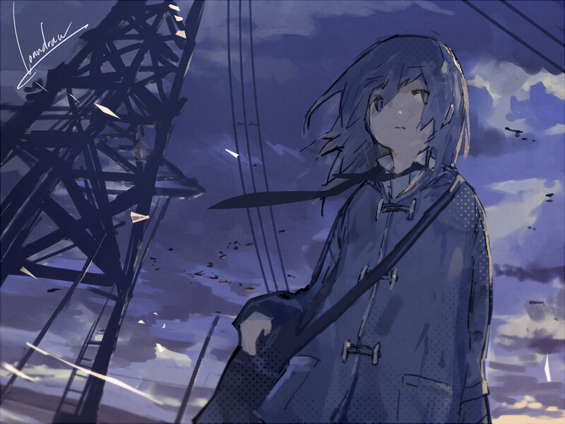 Anime Girl with Blue Hair — Dramatic, Night, Digital Art, Tower