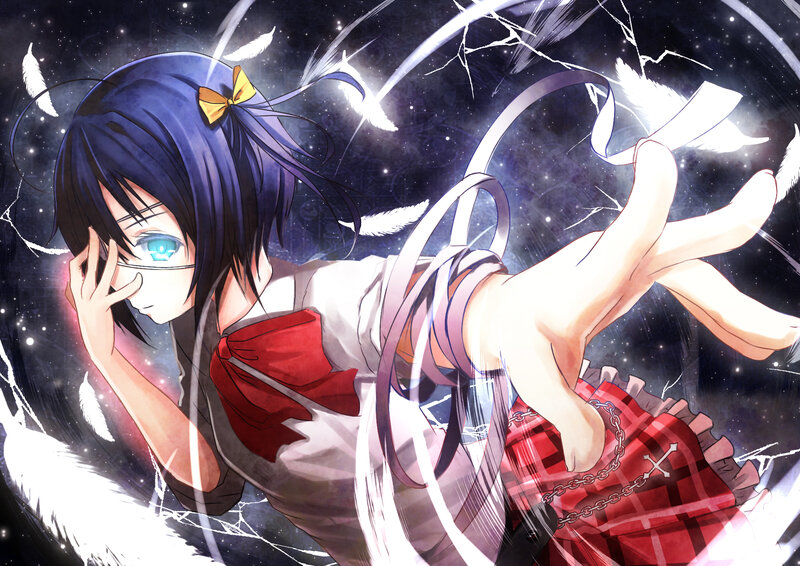 Anime Girl with Blue Hair — Dramatic, Night, Feathers