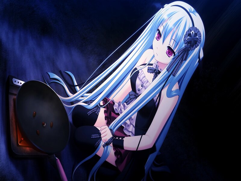 Anime Girl with Blue Hair — Dramatic, Night, Frying Pan