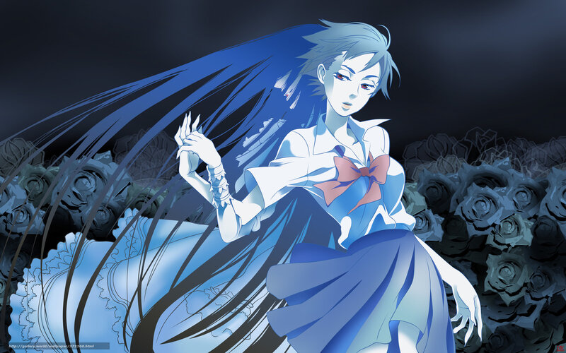 Anime Girl with Blue Hair — Dramatic, Night, Roses, School Uniform