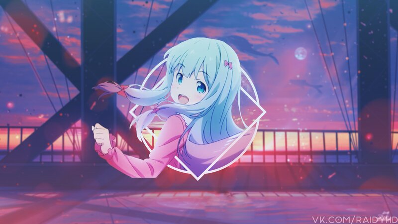 Anime Girl with Blue Hair — Dramatic, Sunset, Bridge