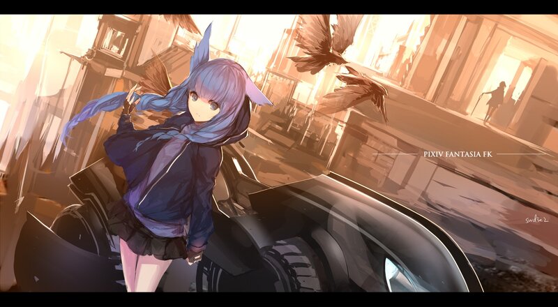 Anime Girl with Blue Hair — Dramatic, Sunset, Digital Art, Bird