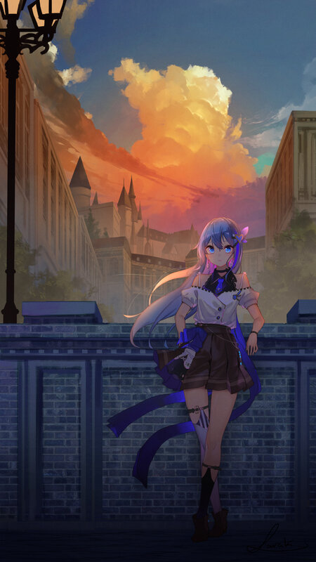 Anime Girl with Blue Hair — Dramatic, Sunset, Digital Art, Castle