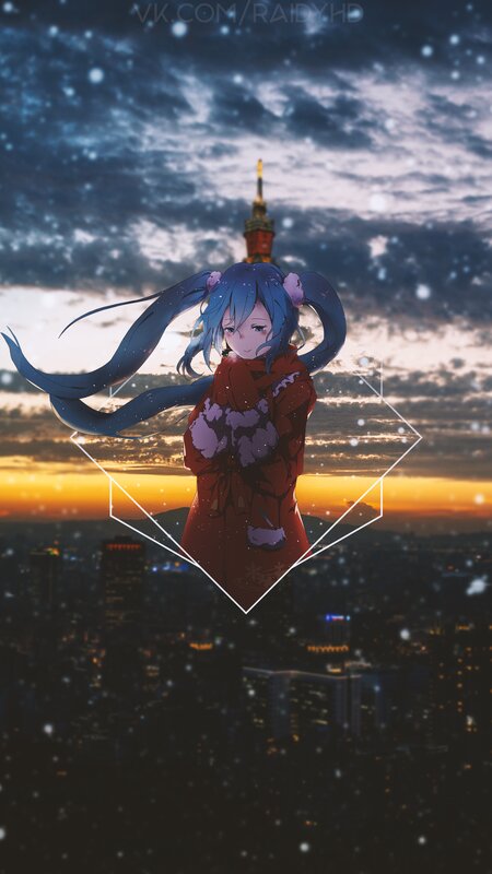 Anime Girl with Blue Hair — Dramatic, Sunset, Digital Art, Cityscape