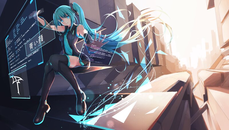 Anime Girl with Blue Hair — Dramatic, Sunset, Digital Art, Holographic Interface