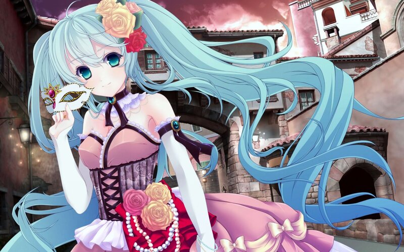 Anime Girl with Blue Hair — Dramatic, Sunset, Digital Art, Mask
