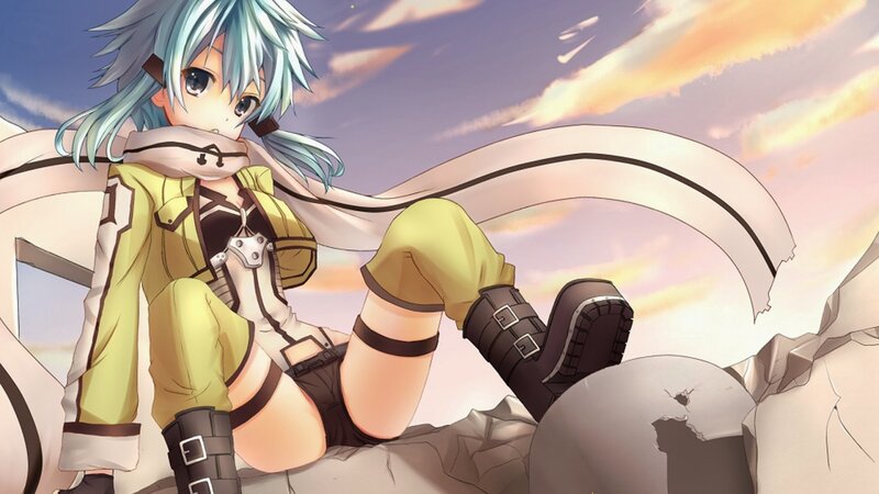 Anime Girl with Blue Hair — Dramatic, Sunset, Sky