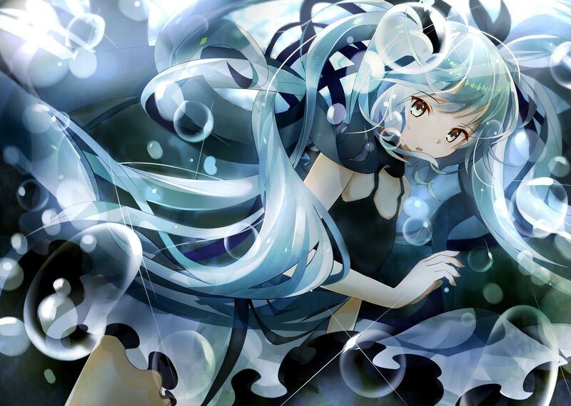Anime Girl with Blue Hair — Dreamy, Digital Art, Bubbles