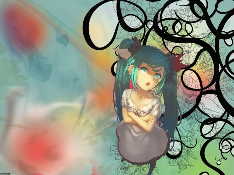 Anime Girl with Blue Hair — Dreamy, Digital Art, Dress, Flowers, Swirls
