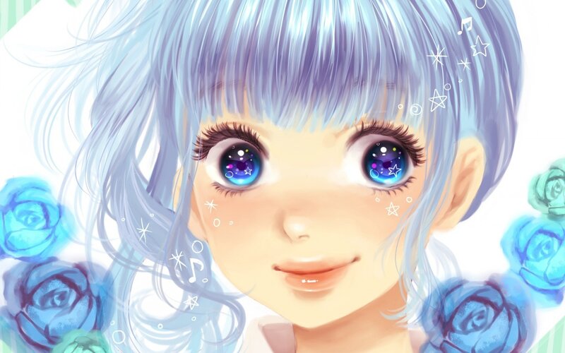 Anime Girl with Blue Hair — Dreamy, Digital Art, Eyes, Roses