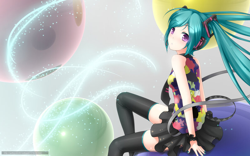 Anime Girl with Blue Hair — Dreamy, Digital Art, Headphones, Bubbles, Sparkles