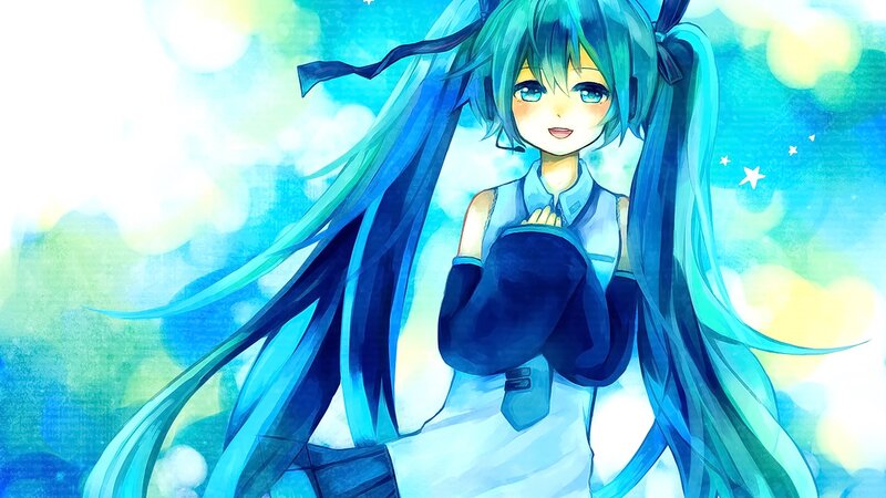 Anime Girl with Blue Hair — Dreamy, Digital Art, Headset, Stars