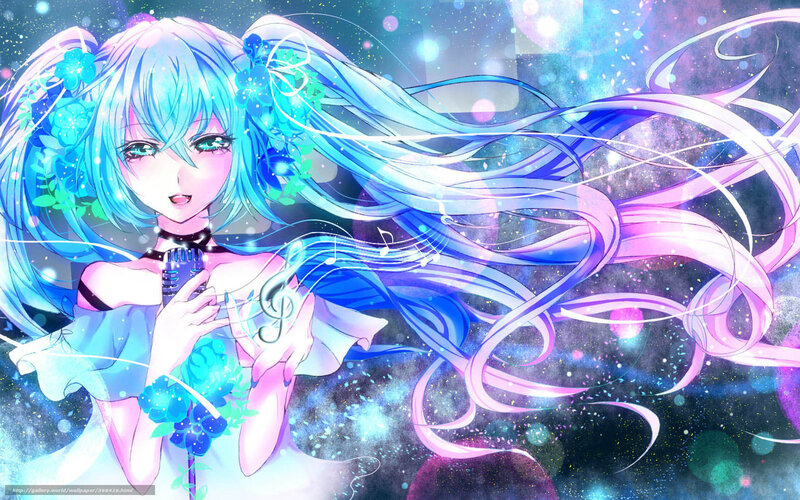 Anime Girl with Blue Hair — Dreamy, Digital Art, Microphone, Musical Notes