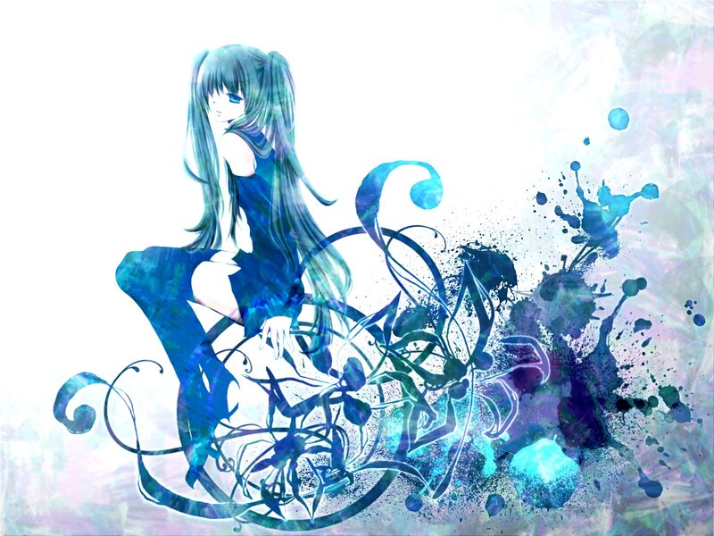 Anime Girl with Blue Hair — Dreamy, Digital Art, Splatter