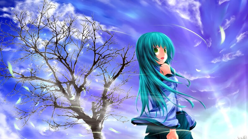 Anime Girl with Blue Hair — Dreamy, Digital Art, Tree