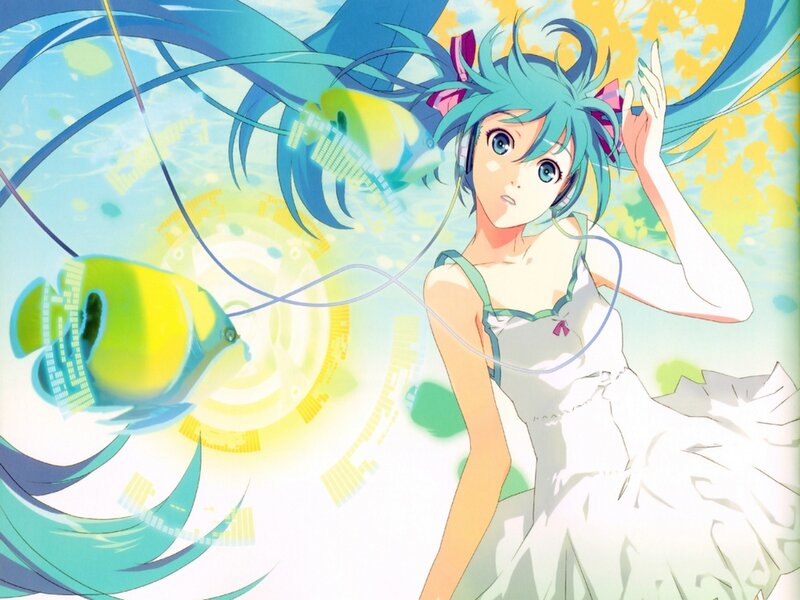 Anime Girl with Blue Hair — Dreamy, Fish, Headphones