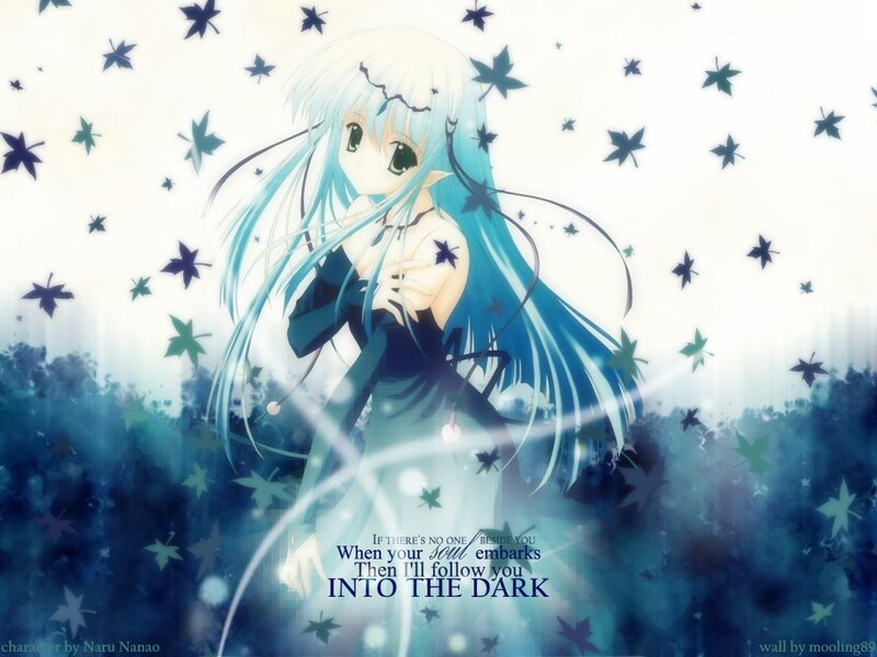 Anime Girl with Blue Hair — Dreamy, Leaves