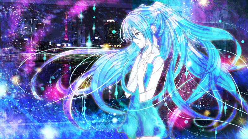 Anime Girl with Blue Hair — Dreamy, Night, Digital Art, City Skyline