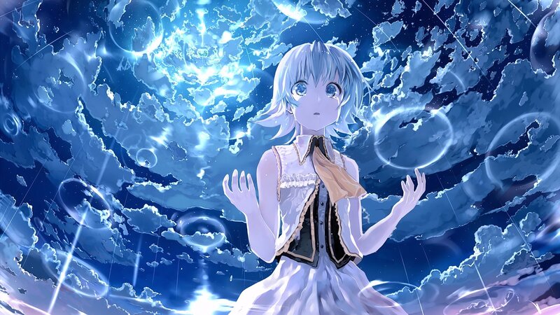 Anime Girl with Blue Hair — Dreamy, Night, Digital Art, Clouds, Bubbles