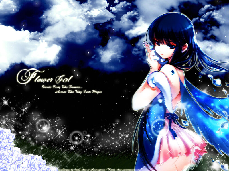 Anime Girl with Blue Hair — Dreamy, Night, Digital Art, Flowers, Clouds