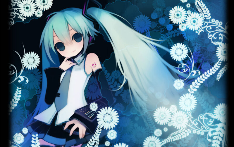 Anime Girl with Blue Hair — Dreamy, Night, Digital Art, Flowers, Headphones, Keyboard