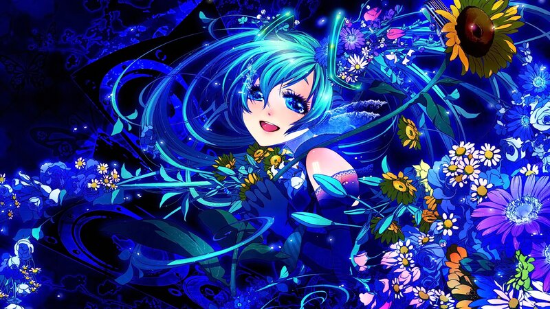 Anime Girl with Blue Hair — Dreamy, Night, Digital Art, Flowers, Sunflower