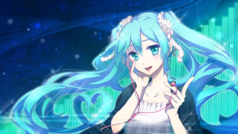 Anime Girl with Blue Hair — Dreamy, Night, Digital Art, Headphones, Flowers