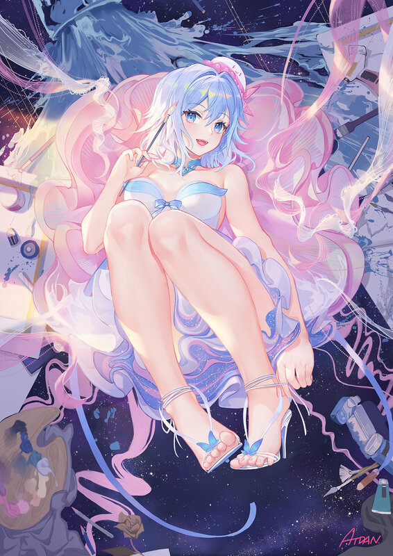 Anime Girl with Blue Hair — Dreamy, Night, Digital Art, Paintbrush
