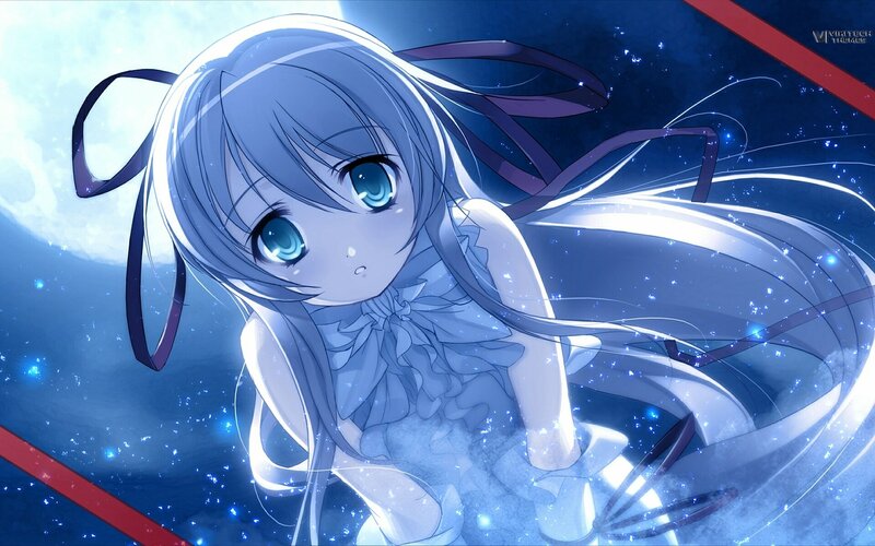Anime Girl with Blue Hair — Dreamy, Night, Moon