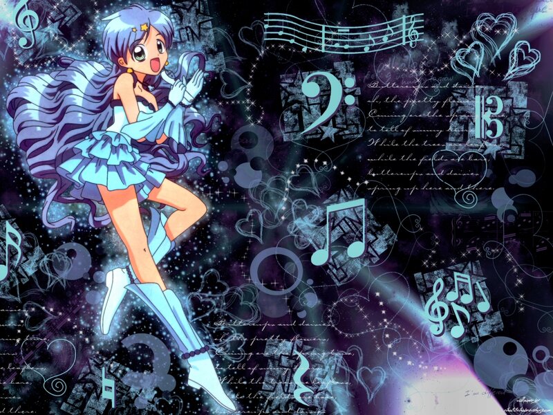 Anime Girl with Blue Hair — Dreamy, Night, Music Notes