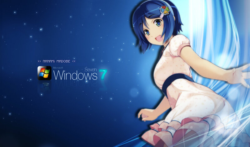 Anime Girl with Blue Hair — Dreamy, Night, Windows 7 Logo