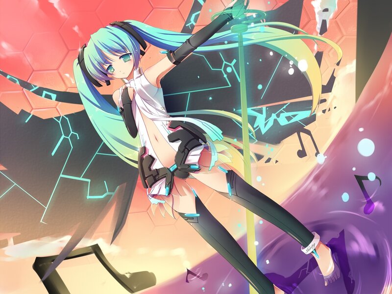 Anime Girl with Blue Hair — Dynamic, Digital Art, Headphones, Microphone, Music Notes