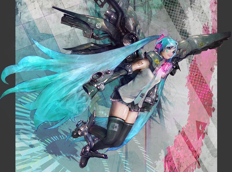 Anime Girl with Blue Hair — Dynamic, Digital Art, Mechanical Wings