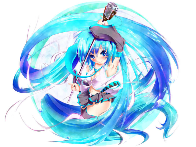 Anime Girl with Blue Hair — Dynamic, Digital Art, Microphone, Hat