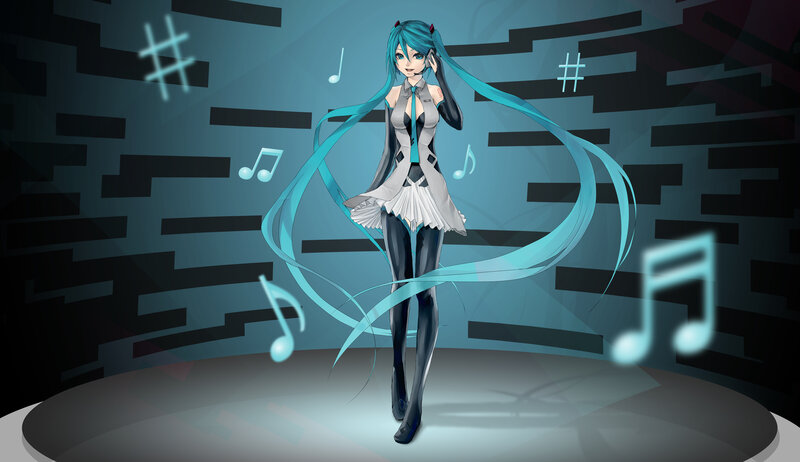 Anime Girl with Blue Hair — Dynamic, Digital Art, Music Notes
