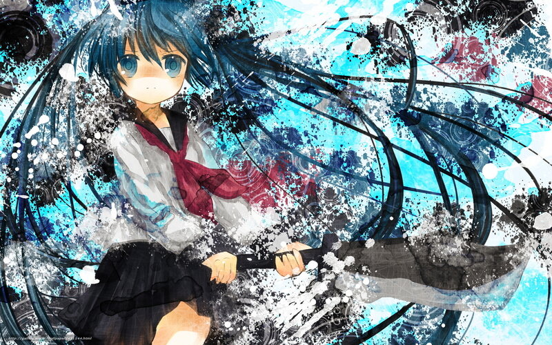 Anime Girl with Blue Hair — Dynamic, Digital Art, School Uniform, Sword
