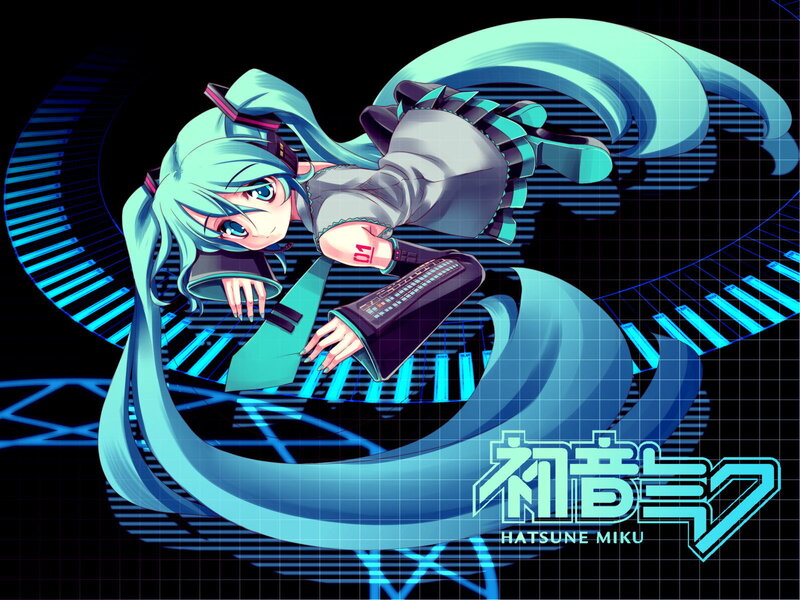 Anime Girl with Blue Hair — Dynamic, Keyboard, Digital Grid, Long Hair
