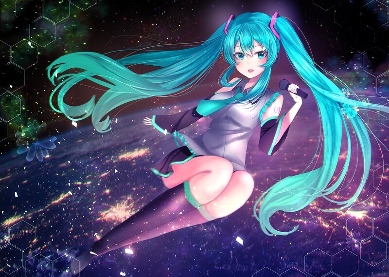 Anime Girl with Blue Hair — Dynamic, Night, Digital Art, Microphone