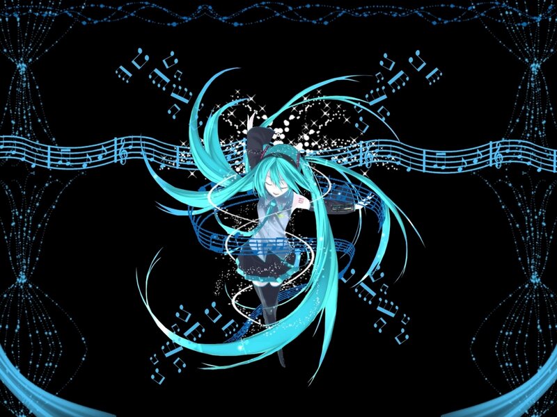 Anime Girl with Blue Hair — Dynamic, Night, Digital Art, Music Notes, Sparkles