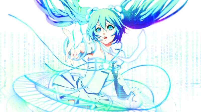 Anime Girl with Blue Hair — Energetic, Binary Code, Digital Lines