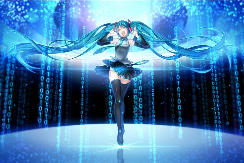 Anime Girl with Blue Hair — Energetic, Digital Art, Binary Code, Digital Background, Skirt