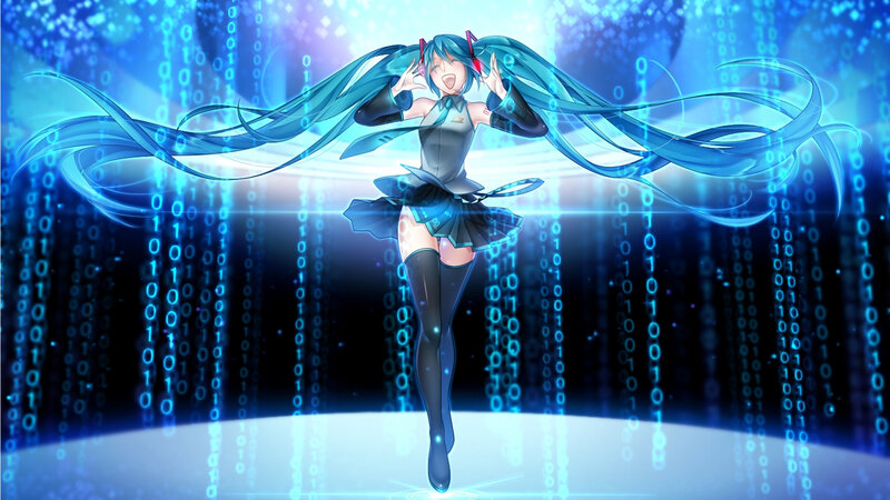 Anime Girl with Blue Hair — Energetic, Digital Art, Binary Code, Digital Background